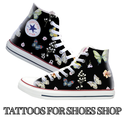 Butterfly Garden on Black Converse Chucks High Top Shoes